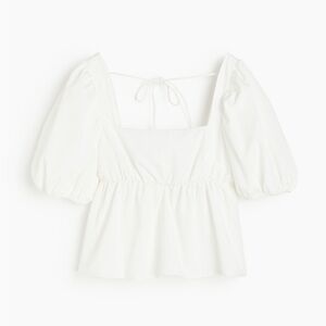 H&M Tie Detail Puff-Sleeved Peplum Blouse. White. Size: Large.